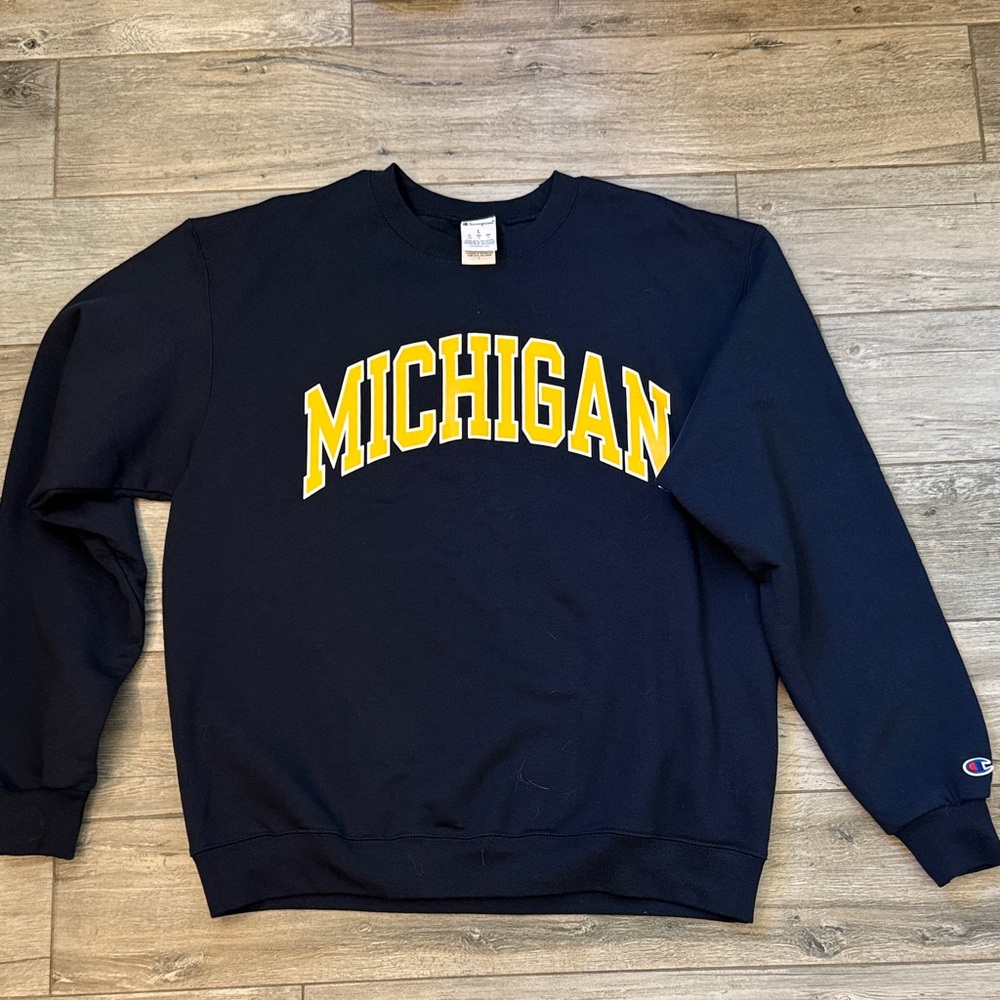 Champion Navy Crewneck Sweatshirt with Yellow Michigan Arch